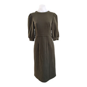 CAARA Size Small Puff Sleeves Shift Dress Olive Green Cotton Blend Crew Neck